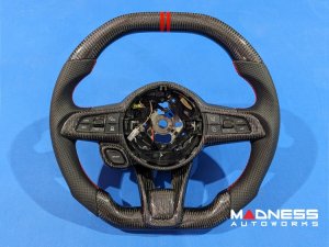Dodge Hornet Custom Steering Wheel - Carbon Fiber - Flat Top/ Flat Bottom - w/ 2 Red Center Stripes - Perforated Leather